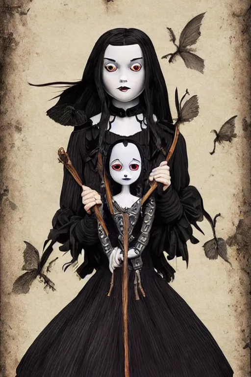 Image similar to beautiful cottagecore Wednesday Addams holding a Coraline doll, Black Hair, Goth, gothic, castlevania, intricate, elegant, highly detailed, digital painting, artstation, concept art, smooth, sharp, focus, illustration, art by artgerm and greg rutkowski and alphonse mucha