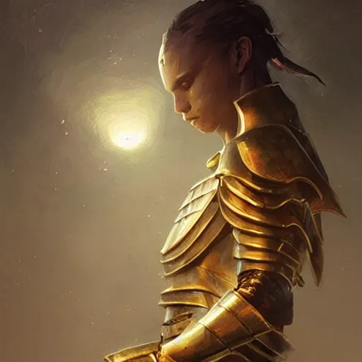 Prompt: a knight in amazing fantasy armor, sleek, lightweight but imposing, light glowing from the seams. beautiful highly detailed fantasy painting by greg rutkowski