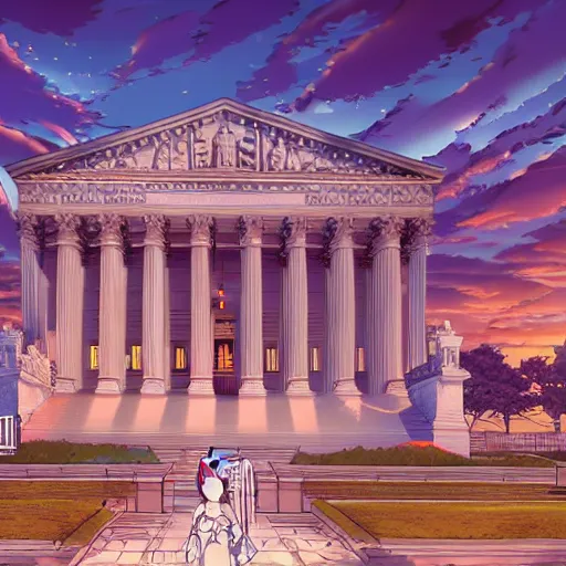 Image similar to the supreme court but it is a slice of life anime, by dan mumford, yusuke murata, makoto shinkai, ross tran, cosmic, heavenly, god rays, intricate detail, cinematic, 8 k, cel shaded, unreal engine, featured on artstation, pixiv, anime style