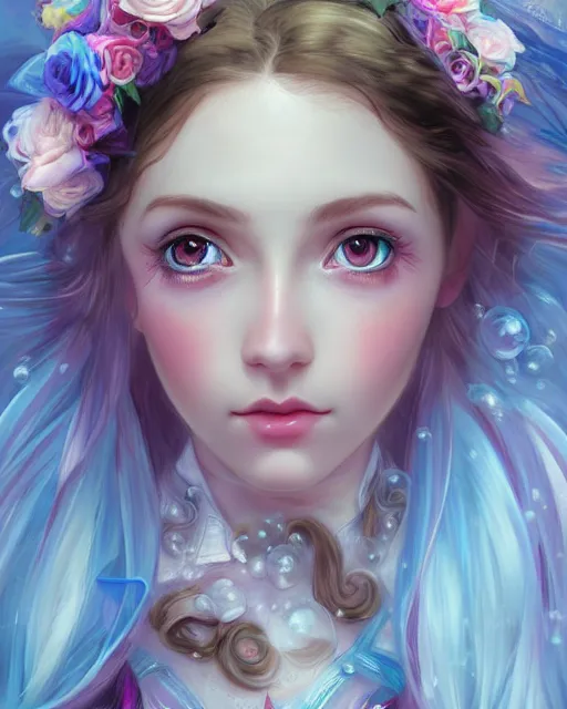 Image similar to portrait of magical lolita girl, dreamy and ethereal, expressive pose, big blue eyes, exciting expression, fantasy, intricate, elegant, many rainbow bubbles, rose tones, highly detailed, digital painting, artstation, concept art, cyberpunk wearing, smooth, sharp focus, illustration, art by artgerm and greg rutkowskiand alphonse mucha