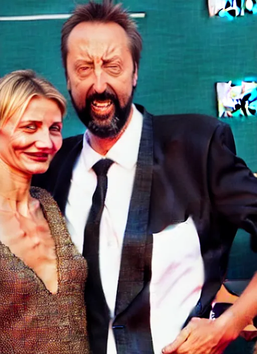 Image similar to tom green and cameron diaz at the mtv music awards, ultra realistic