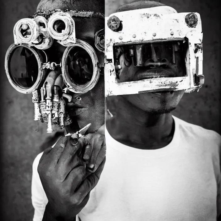 Prompt: an analogue symmetrical portrait photo of an Tribal Igbo man wearing futuristic mecha steam punk goggles, black & white, 35mm, f/1.4,