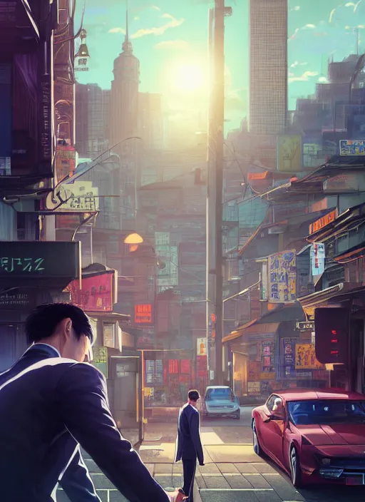 Image similar to highly detailed portrait of yakuza 0, stephen bliss, unreal engine, greg rutkowski, loish, rhads, beeple, makoto shinkai and lois van baarle, ilya kuvshinov, rossdraws, tom bagshaw, tom whalen, alphonse mucha, global illumination, god rays, detailed and intricate environment