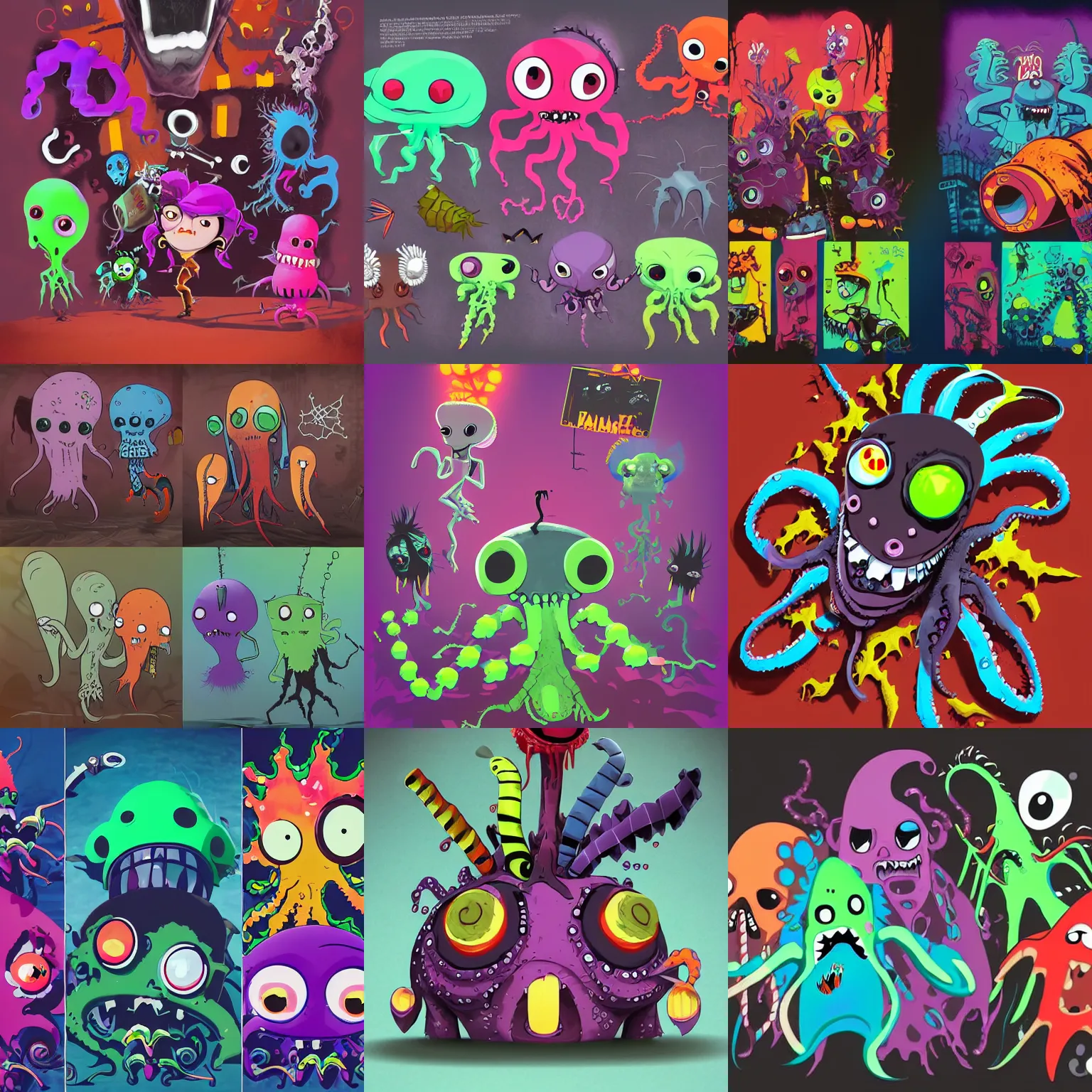 Prompt: punk rock spray paint vampiric electrifying halloween rockstar vampire octopus, angler fish, gulper eel, mantis shrimp, jellyfish and sea urchins conceptual character designs of various shapes and sizes by genndy tartakovsky and splatoon by nintendo and the psychonauts franchise by doublefine tim shafer artists for the new hotel transylvania film