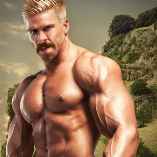 Image similar to camera footage of muscular man holding a sword with close - cropped blond hair and a long and yellow horseshoe mustache wearing brown sandals and short pants, 4 k, detailed, realistic, full body, real life