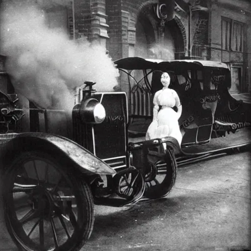 Prompt: an oldie car with wings and turbine, steam punk, black-white retro photo 1910, woman in front