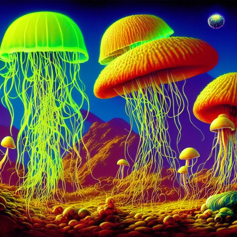 Image similar to mystical jellyfish and shimmering mushroom, volcano valley, bright neon colors, highly detailed, cinematic, tim white, michael whelan, roger dean, bob eggleton, philippe druillet, vladimir kush, kubrick, haeckel, alfred kelsner