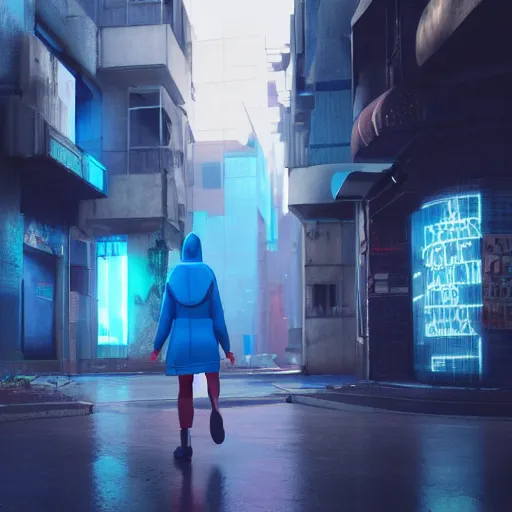 Prompt: woman in blue hoodie walking through a cyberpunk street, digital art, octane, unreal engine