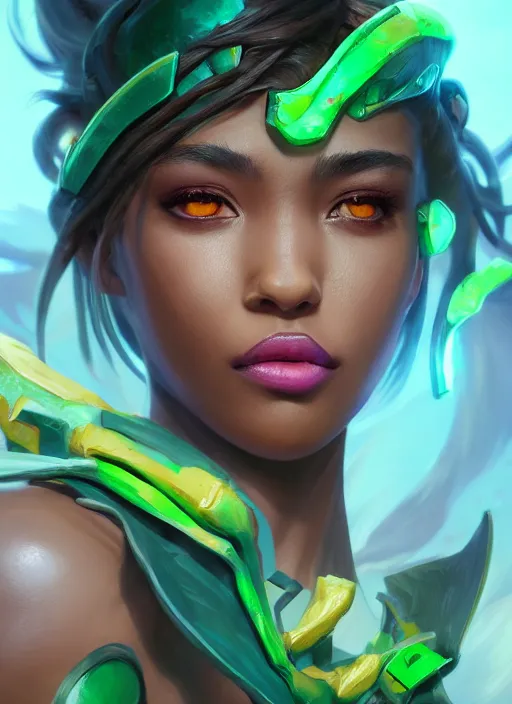 Image similar to senna from league of legends, au naturel, hyper detailed, brown skin, fluorescent green eyes, digital art, trending in artstation, cinematic lighting, studio quality, smooth render, unreal engine 5 rendered, octane rendered, art style by klimt and nixeu and ian sprigger and wlop and krenz cushart