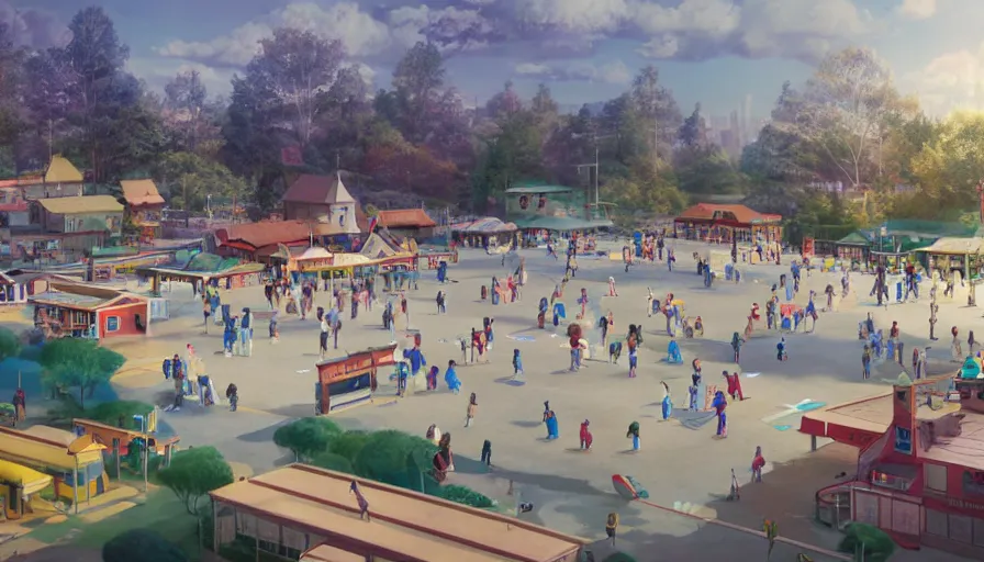 Prompt: Busytown skating rink, photorealistic, extreme detail, octane render, by Greg Rutkowski and Studio Ghibli