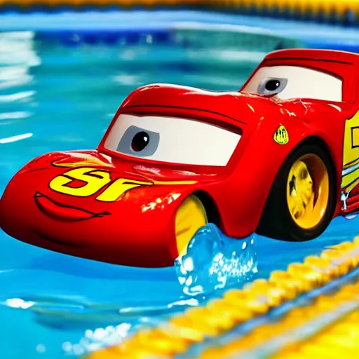 Prompt: lightning mcqueen in a swiming pool