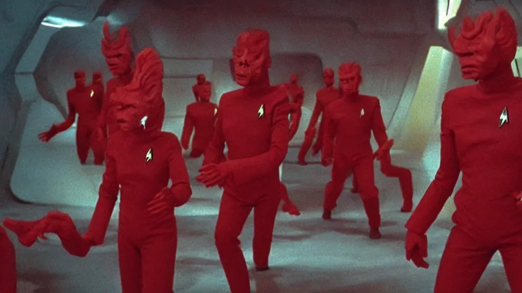 Prompt: giant monsters made of bananas killing crew wearing red on star trek, film still from a movie directed by Denis Villeneuve star trek with art direction by Salvador Dalí, wide lens