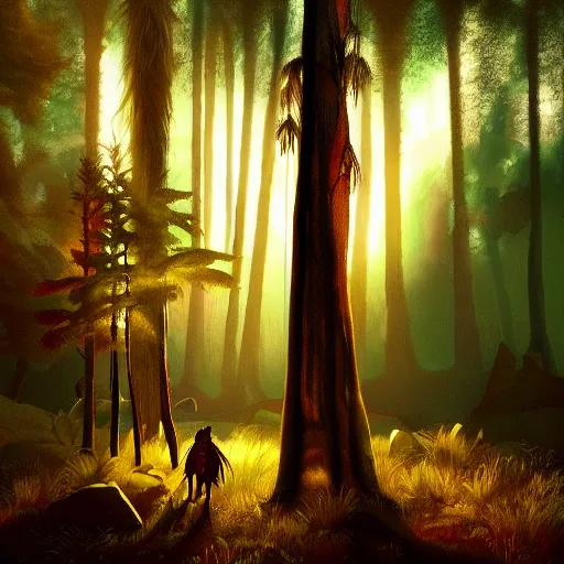 Image similar to medium shot native american, in a dark forest, mysterious, backlit, still from a pixar dreamworks movie, trending on artstation