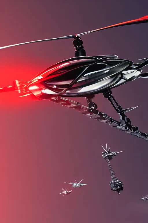 Prompt: futuristic flying helicopter robot with glowing red eyes, digital art, fantasy, trending on artstation, professional illustration, cgsociety, ultra detailed