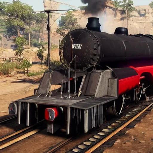 Image similar to futuristic sleek steam locomotive in red dead redemption 2