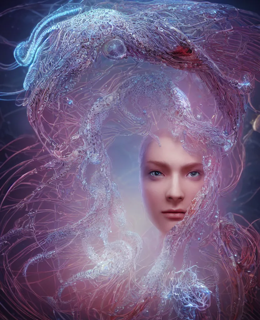 Image similar to close-up macro portrait of the face of a beautiful princess, epic angle and pose, symmetrical artwork, 3d with depth of field, blurred background, cybernetic jellyfish female face skull phoenix bird, translucent, nautilus, energy flows of water and fire. a highly detailed epic cinematic concept art CG render. made in Maya, Blender and Photoshop, octane render, excellent composition, cinematic dystopian brutalist atmosphere, dynamic dramatic cinematic lighting, aesthetic, very inspirational, arthouse. y Greg Rutkowski, Ilya Kuvshinov, WLOP, Stanley Artgerm Lau, Ruan Jia and Fenghua Zhong