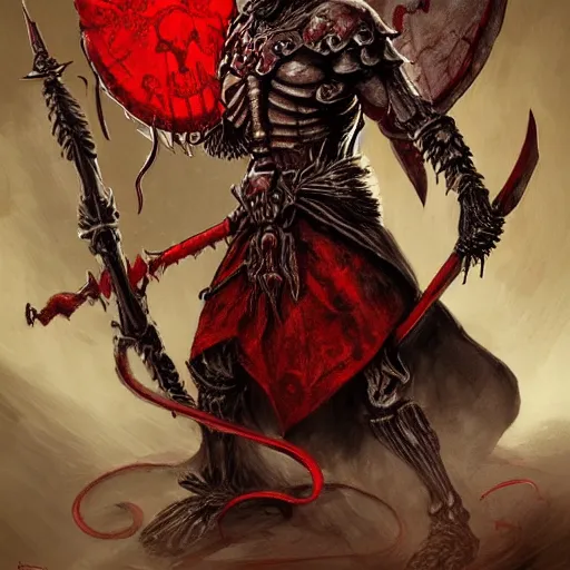 Prompt: concept art of skeleton holding a medieval shield and spear, d & d surrounded by red evil death tentacles, hyper detailed, hyper realistic, dark atmosphere, full body, full frame in the style of frank frazetta