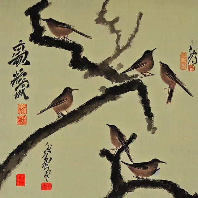 Prompt: a beautiful painting two nightingales kissed on the plum tree, by zhang daqian painting