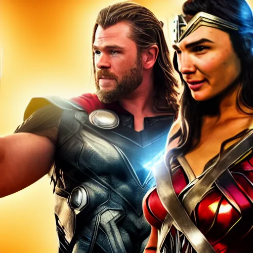 Image similar to cinematic film scene of Thor Chris Hemsworth and wonder woman gal gadot laughing having a beer, MCU, photo realistic, ultra detailed, trending on artstation, concept art, unreal engine render, 16k