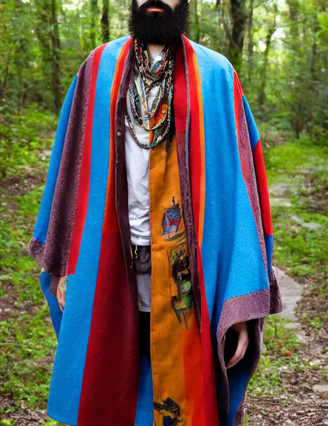 Image similar to longshot full modern detailed colorful cool handsewn textile cloak huge sleeves african american full beard shaved head nature creek river stream stones in the woods marc jacobs gucci robes chains necklace