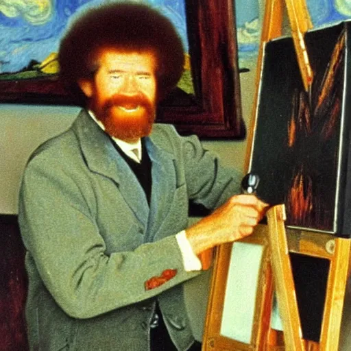 Image similar to ! bob ross! at his easel, painting a van gogh picture