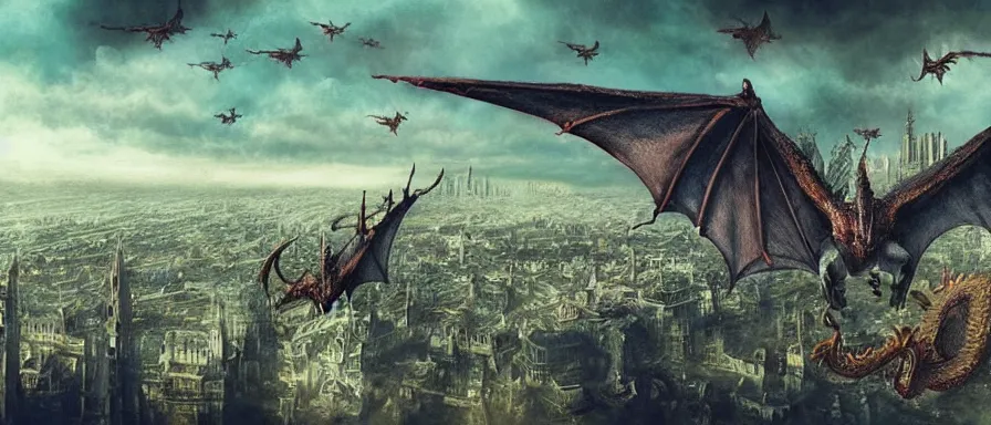 Prompt: dragons flying over the city, detailed matte painting, doomsday, trending on artstation, art by Alan Lee, Alexander Jansson, cinematic, full of color