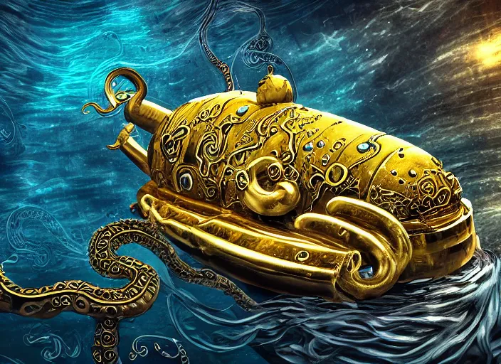 Prompt: under water ocean view of an ornately designed black and gold submarine with gold port hole windows, with a kraken attacking tentacles wrapped around it photo realistic 4 k highly detailed by android jones