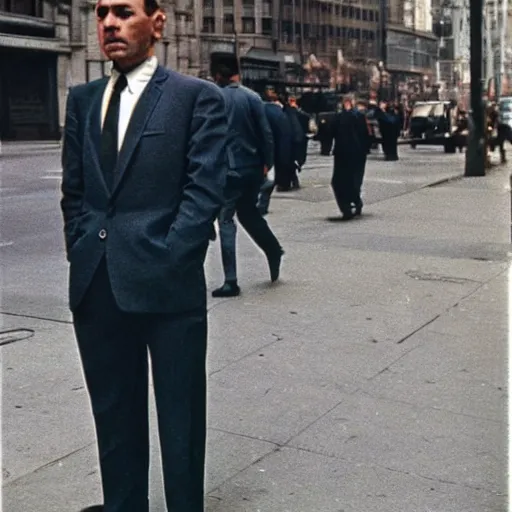 Image similar to portrait of a man in a suit in the streets of new york, 1 9 6 0 s, hyper realistic ultra detailed lifelike intricate, photo taken with ektachrome, featured on flickr, photographed on damaged film