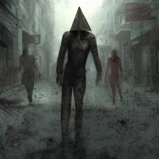 Image similar to pyramid head from silent hill in a street full of zombies, 4k. high detail, high-resolution photograph