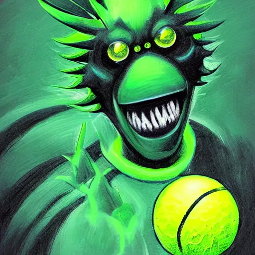 Image similar to a tennis ball monster ,tennis ball, demon, digital art, fantasy, magic, trending on artstation, ultra detailed, professional illustration by Basil Gogos