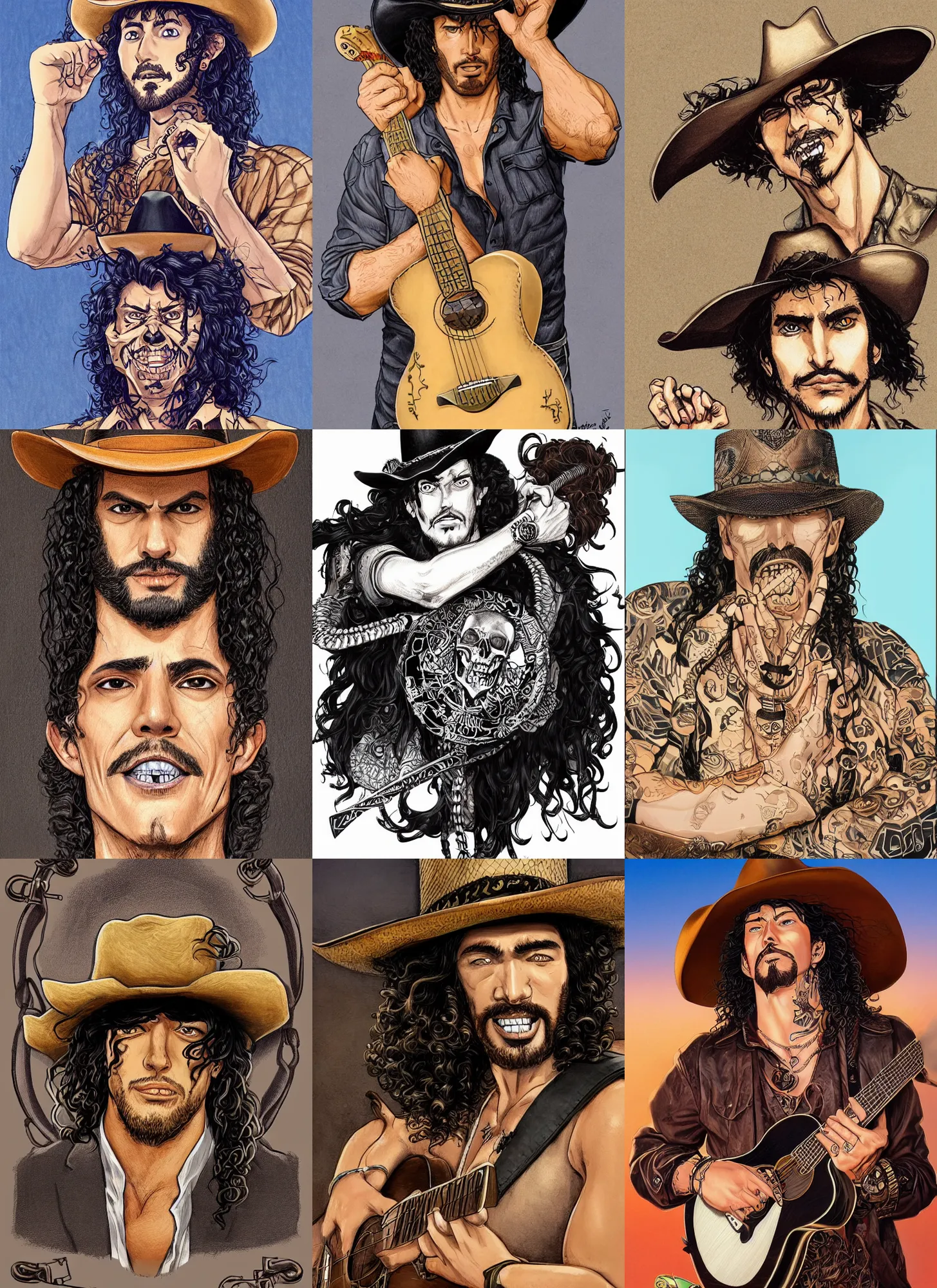 Image similar to illustration of a handsome!! man with long black curly hair + tan skin + anchor goatee, guitar in black leather case | wearing a cowboy hat with a skull emblem | art by hirohiko araki & jean giraud & artgerm & jack kirby | artstation, character design, concept art, full body, digital painting | intricate, high detail, smooth, sharp focus