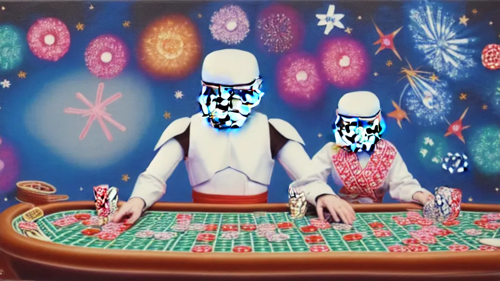 Prompt: woman in a japanese kimono sitting at an extremely detailed poker table with the startrooper, sake, donuts on the table, fireworks and stars on the background, by roy liechtestein, canvas, acrylic paint, cool color palette, 4 k, ultra - hd