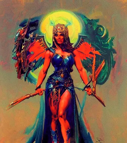 Prompt: portrait of strong iranian female chaos angel, beautiful! coherent! by frank frazetta, by brom, strong line, vivid neon color, spiked scrap metal armor, iron helm maximalist