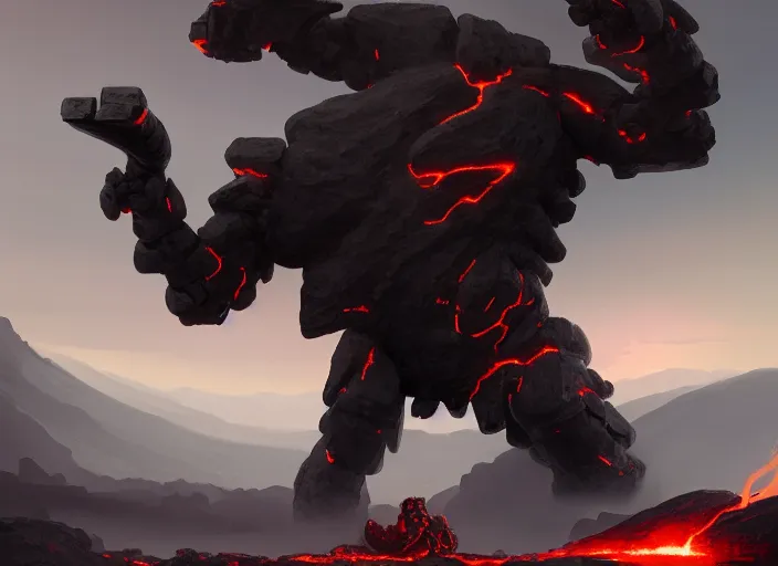 Image similar to epicly designed very muscular stone obsidian robot with human body fighting a deadly beast made from lava with background by greg rutkowski, trending on artstation