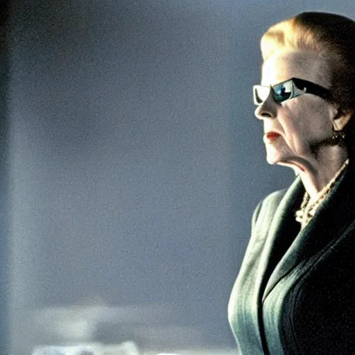 Image similar to A movie still of Margaret Thatcher as Neo in The Matrix