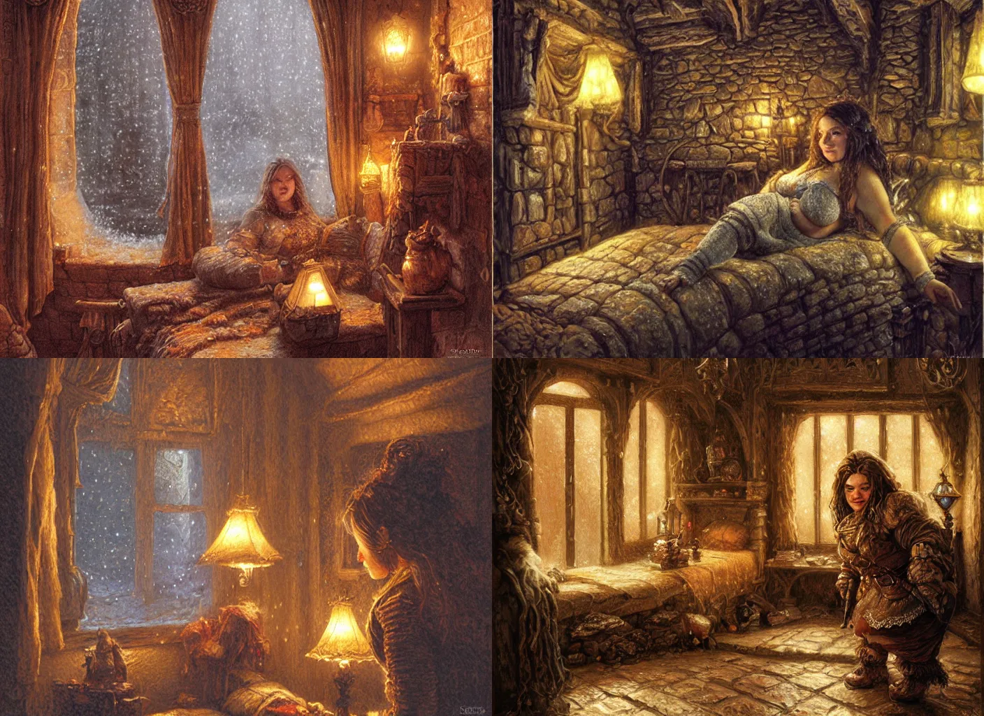 Prompt: beautiful dwarf woman on her cozy lamp lit bedroom at night, snowstorm outside through windows, stone dwarven house, beautiful scene, intricate, detailed, warm light, confortable atmosphere, high quality, by donato giancola and ralph horsley, cute, chubby