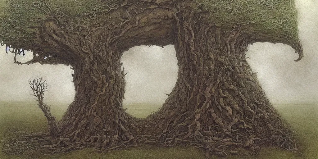 Image similar to Artwork by John Howe of The corpse of a giant that has a tree growing through its chest.