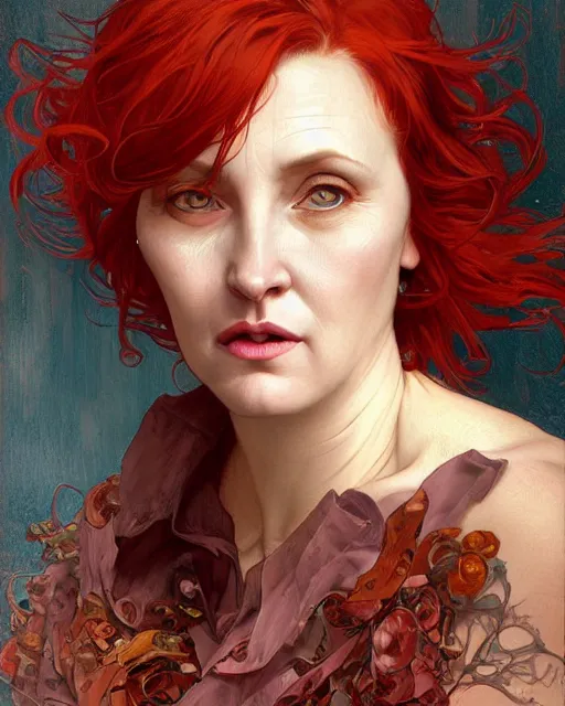 Prompt: portrait of short and plump 5 0 - year - old woman with red hair and a kind face, hyper realistic face, beautiful eyes, close up, fantasy art, in the style of greg rutkowski, intricate, alphonse mucha, hyper detailed, smooth