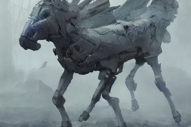 Prompt: cyborg horse merged with shoebill, digital art made by makoto shinkai, lois van baarle, greg rutkowski and jakub rebelka, highly detailed, symmetrical, extremely coherent, smooth, shaped focus, dystopian gray forest background, skull