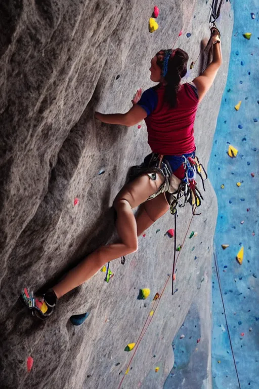 Image similar to a hyperrealistic portrait of Frida kahlo rock climbing, hd, 8k, artstation