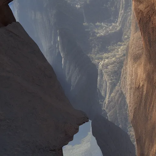 Prompt: arc gates in a canyon, dust light, ultra realistic details, 8 k