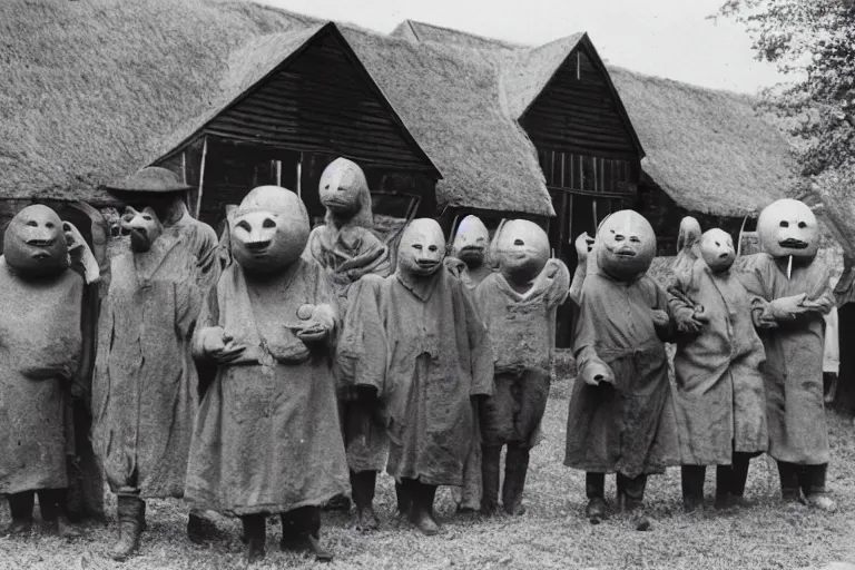 Image similar to vintage photo of villagers wearing weird masks outside a barn by hilla becher, eerie, bizarre, highly detailed shot, dramatic 8 k uhd