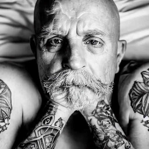 Image similar to black and white press photograph, highly detailed portrait of a depressed old tattooed drug dealer laying in bed, detailed face looking into camera, eye contact, natural light, mist, fashion photography, film grain, soft vignette, sigma 85mm f/1.4 1/10 sec shutter, Darren Aronofsky film still promotional image, IMAX 70mm footage