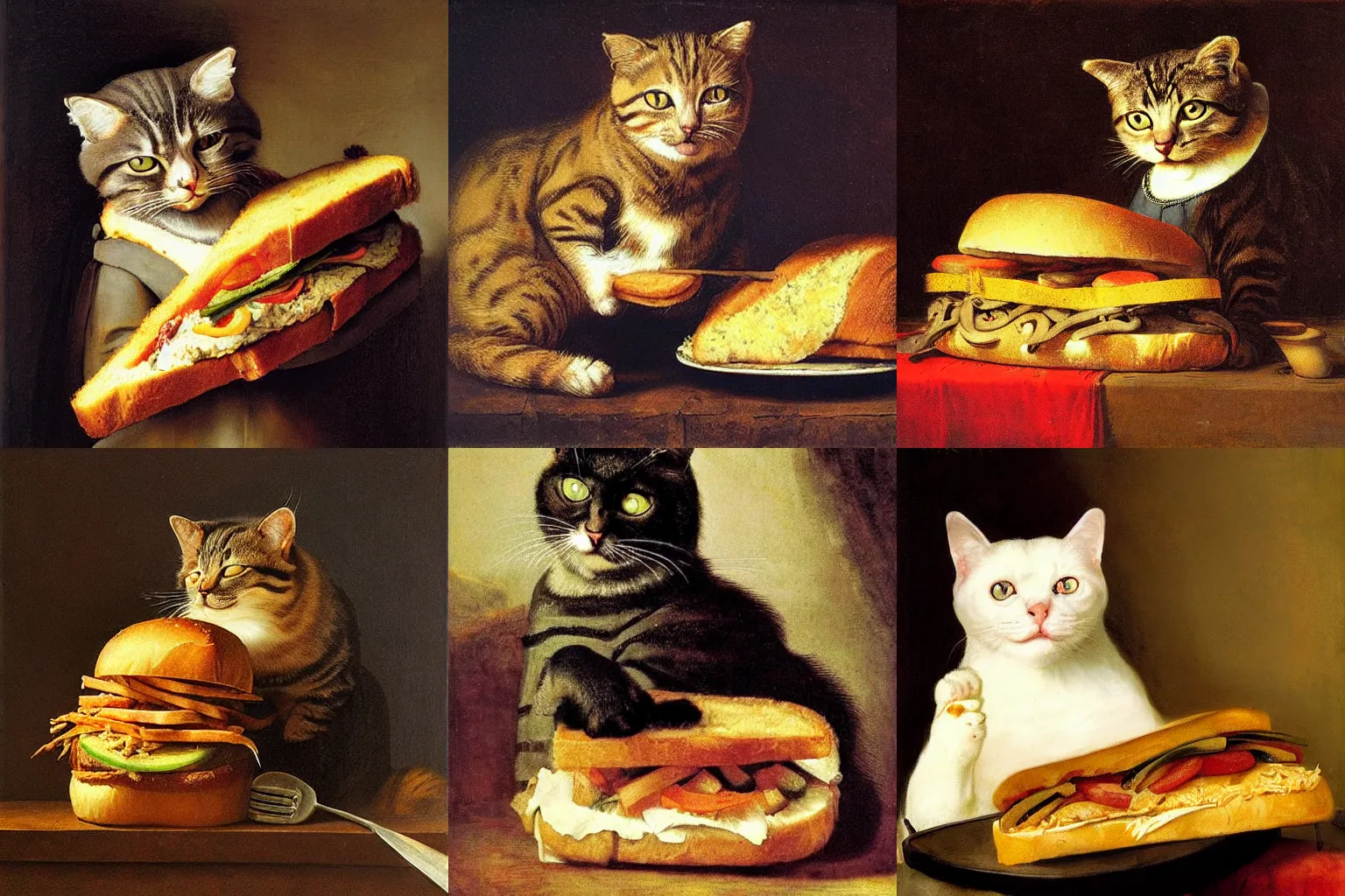 Prompt: Cat eating a big sandwich by Rembrandt