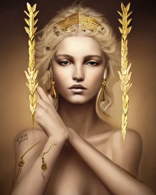 Image similar to tattoo sketch of blonde super model aphrodite greek goddess wearing a gold laurel wreath and triangle earrings, beautiful piercing gaze with sharp pupils, in the style of greg rutkowski, fantasy, amazing detail, epic, elegant, smooth, sharp focus, front view