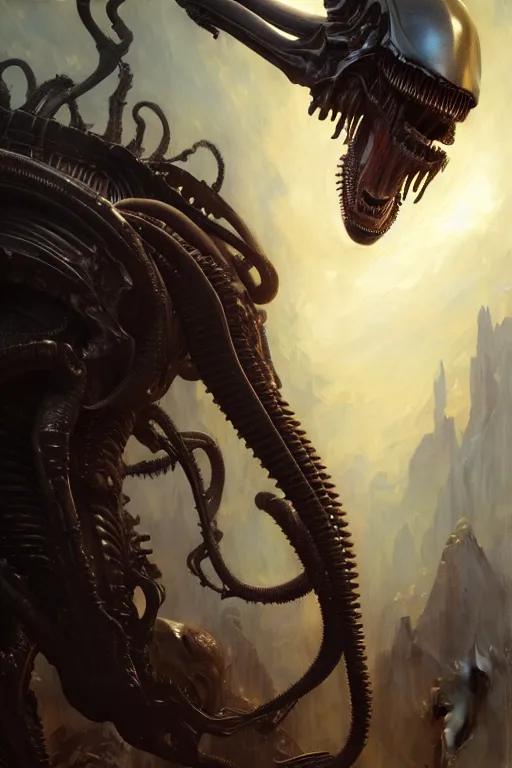 Image similar to a portrait of xenomorph king with glow eyes, high detail, realistic by gaston bussiere, bayard wu, greg rutkowski, giger, maxim verehin, greg rutkowski, masterpiece, sharp focus, cinematic lightning