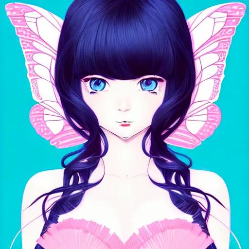 Prompt: full shot portrait of elegant bombshell anime waifu woman with long black hair, blue eyes, pink romantic tutu, butterfly wings. symmetrical face, symmetrical detailed defined eyes, dance hall background, by ilya kuvshinov