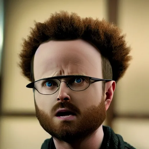 Prompt: Live Action Still of Aaron Paul with thick rimmed black glasses and a brown curly afro, real life, hyperrealistic, ultra realistic, realistic, highly detailed, detailed, very detailed, cool, ultra detailed, very realistic, trending on artstation, epic, HD quality, 8k resolution, body and headshot, film still, real, detailed face, very detailed face, real life, front face, front view, dramatic lighting, real