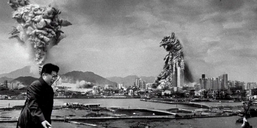 Image similar to a filmstill of Kim Jong-il, monster destroying Pyongyang, in Godzilla (1954) by Ishirō Honda, epic ultrawide shot, cinémascope