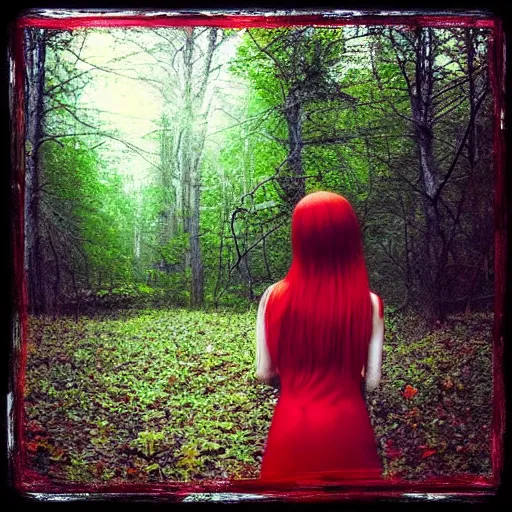 Image similar to “glitchcore album cover red head singer girl standing in a forest”